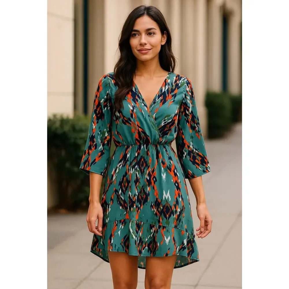 Everly Womens Dress Small Teal Multicolor Ikat Print Long Sleeve Lined Mini Boho - Picture 1 of 7